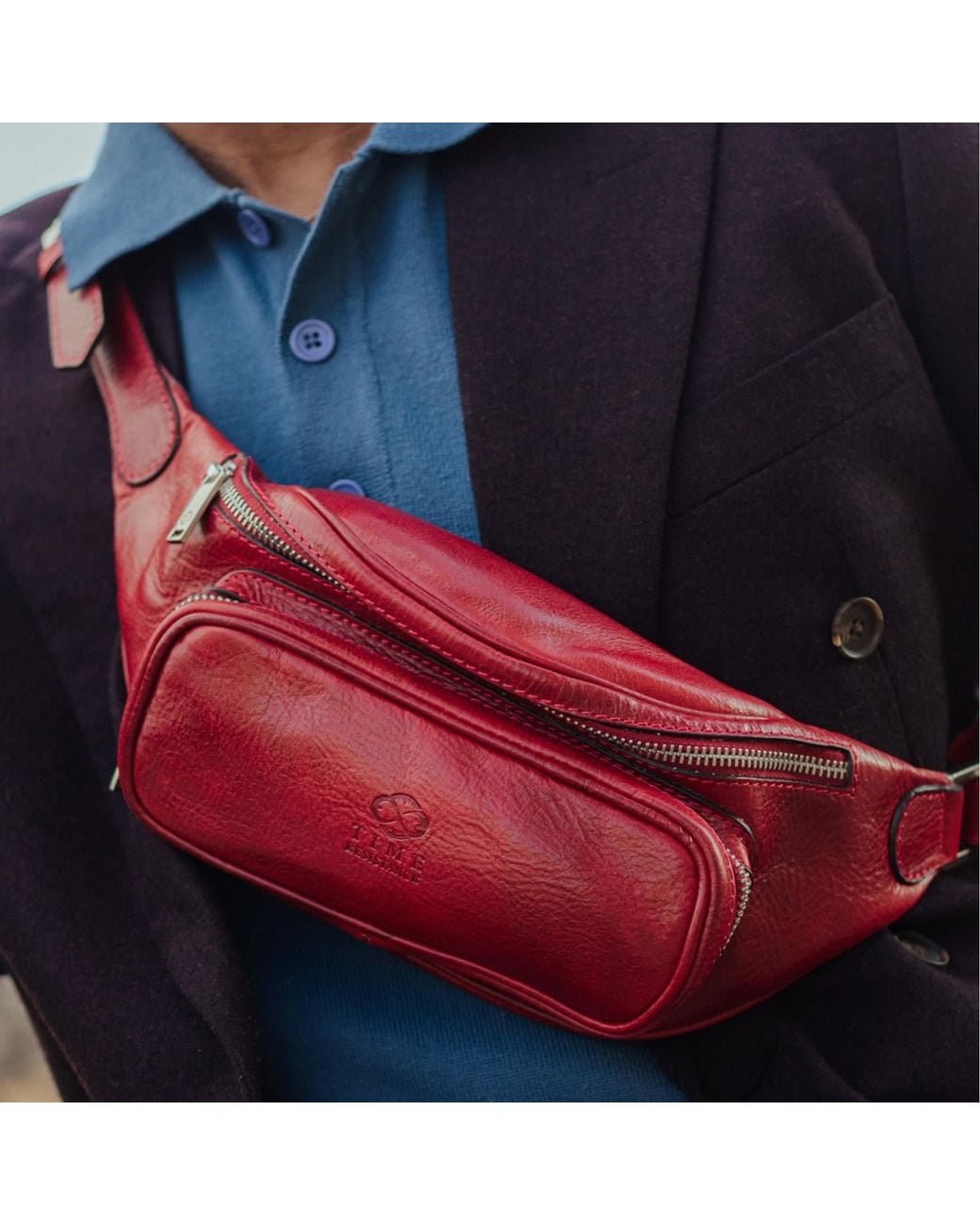 Time Resistance Red Leather Sling Bag Belly Bag for men