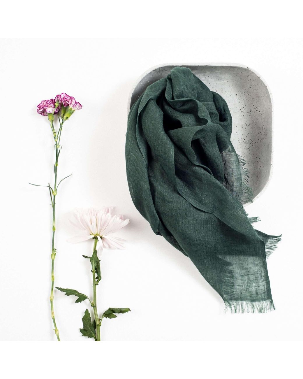 Variously Green Moss Dark Soft Linen Silk Handwoven Artisanal Scarf
