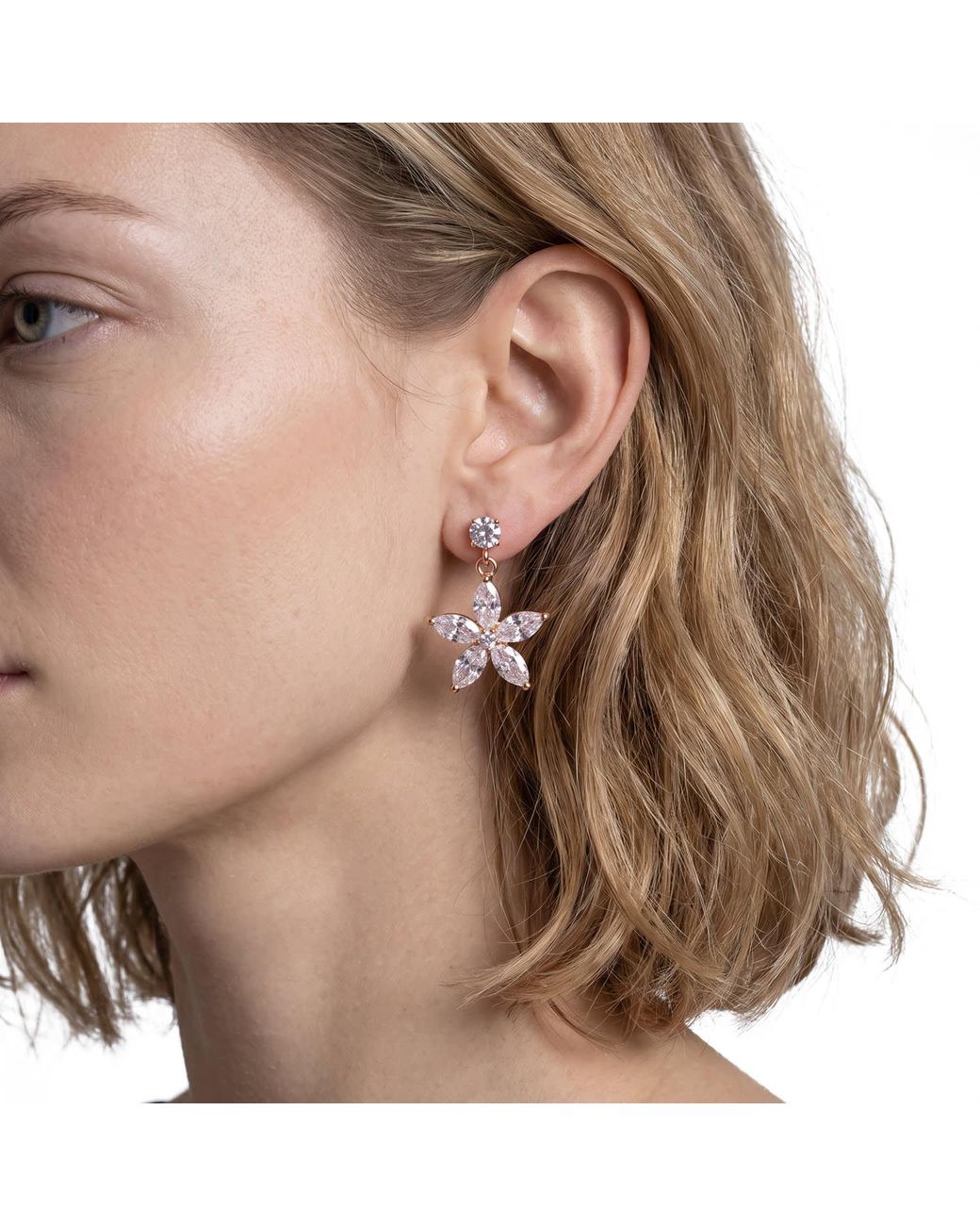 Modenaire Metallic Flower Crystal Necklace Earrings Set
