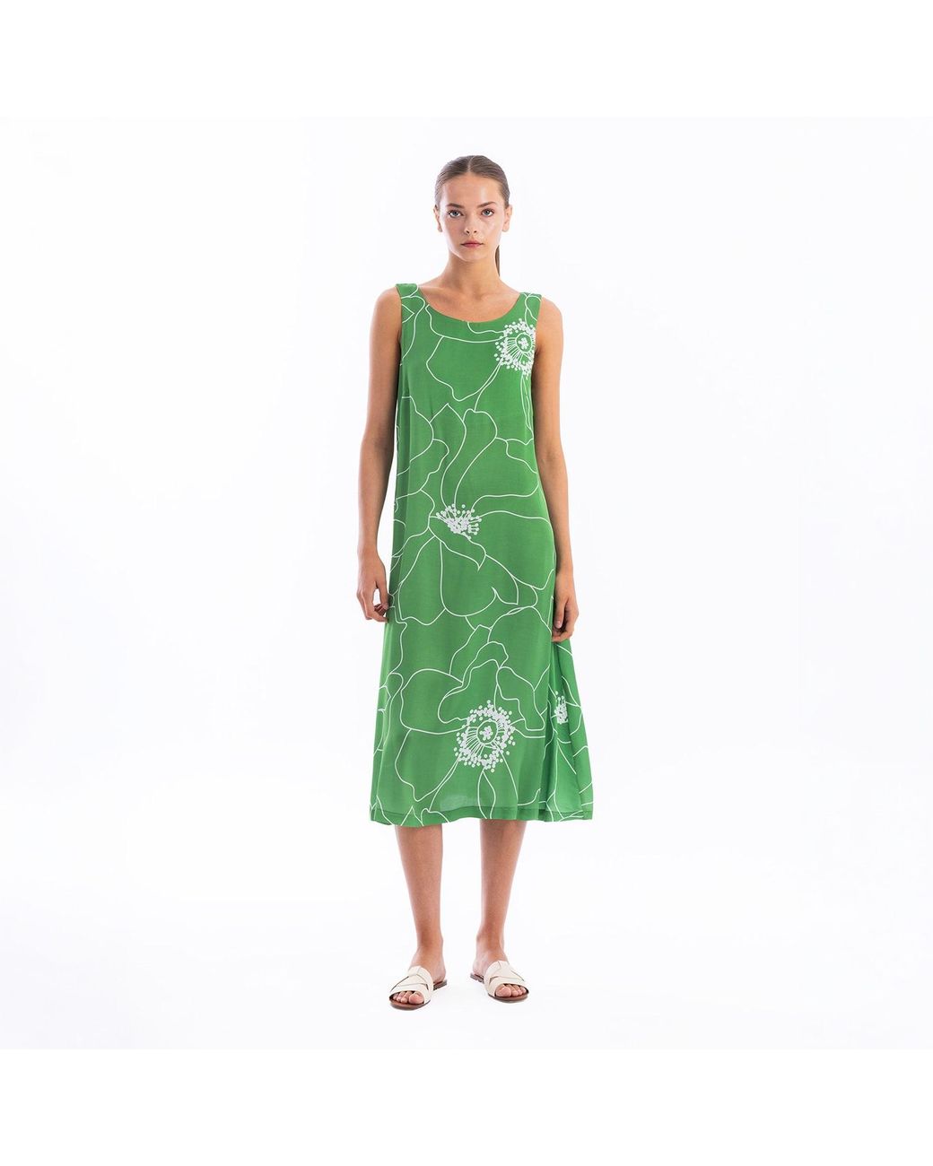 Haris Cotton Green Satin Sleeveless Dress With Deep Back Peonies