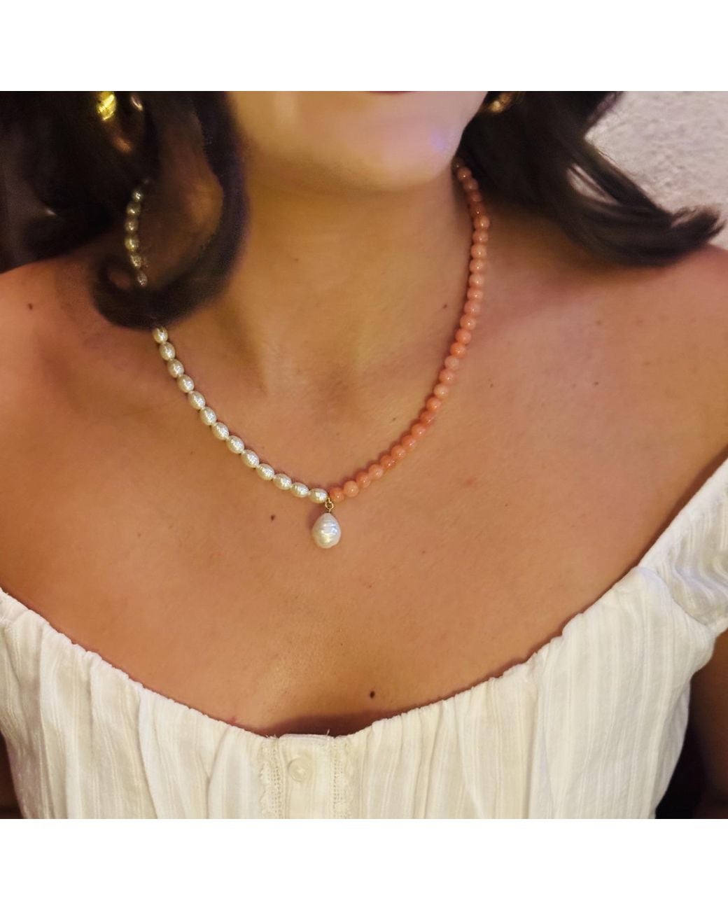Emma Holland Jewellery Red Coral & Baroque Pearl Drop Necklace