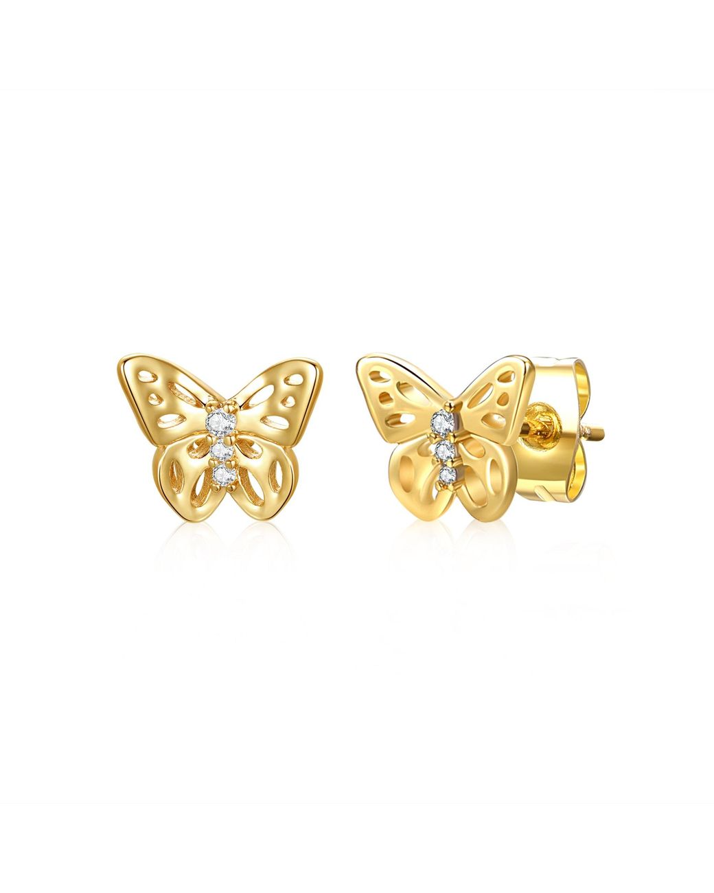 Genevive Jewelry Metallic Rachel Glauber Plated With Cubic Zirconia Three-Stone Filigree Butterfly Stud Earrings