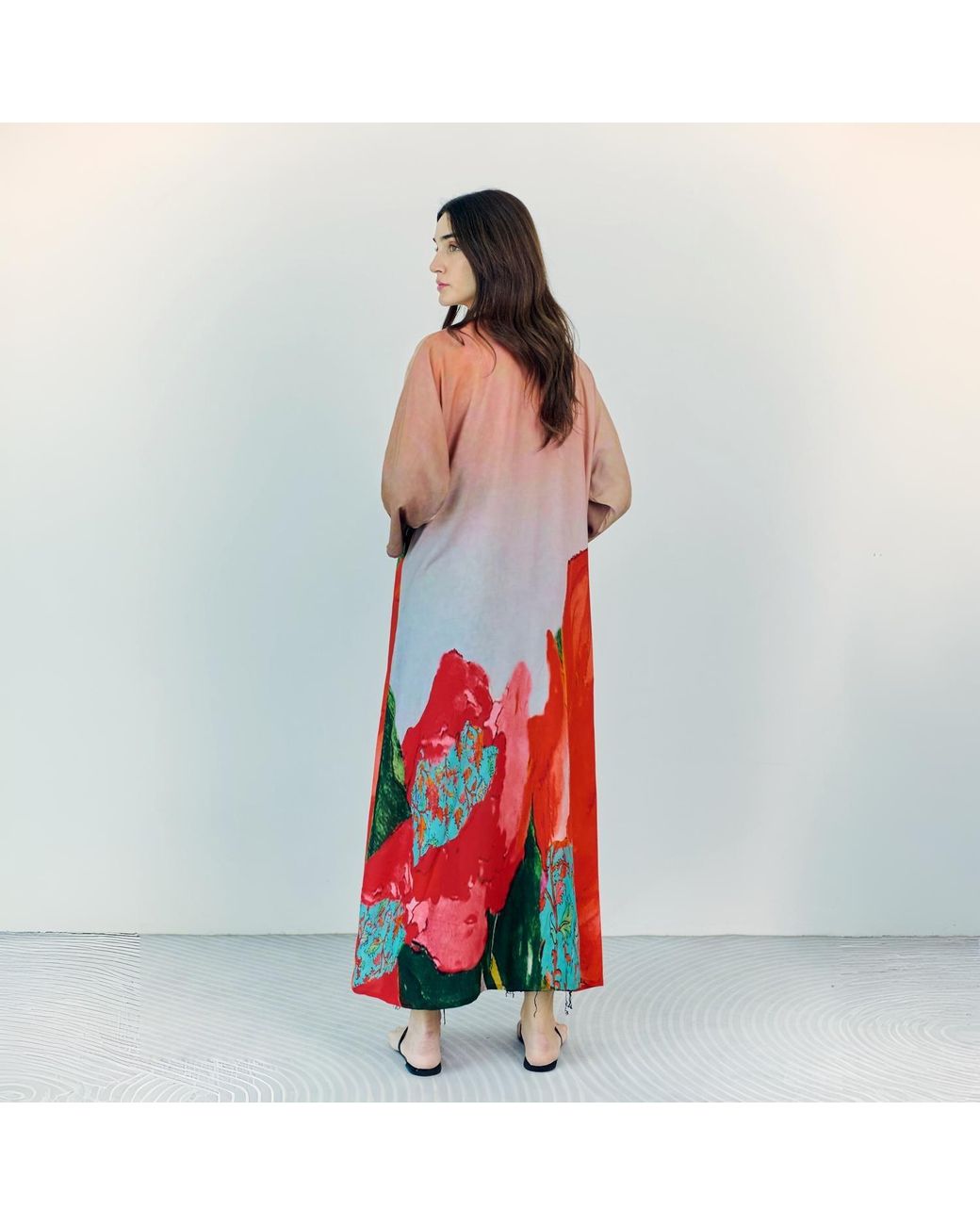 DHARA SHETH DUBAI Red Coral Mirage Floral Long Kimono