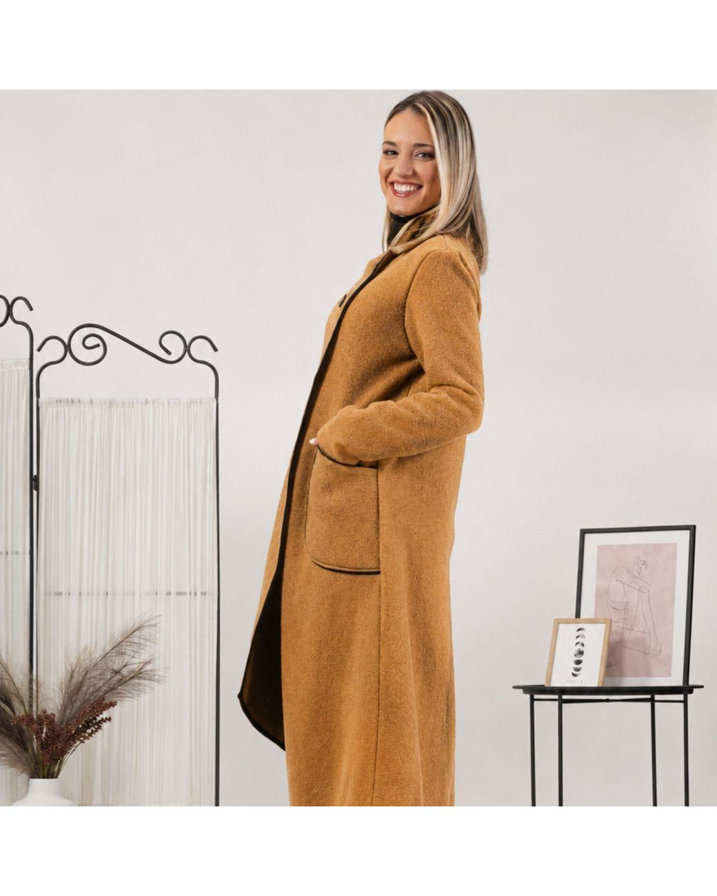 Nikka Place Brown Boiled Wool High Neck Cardigan With Pockets