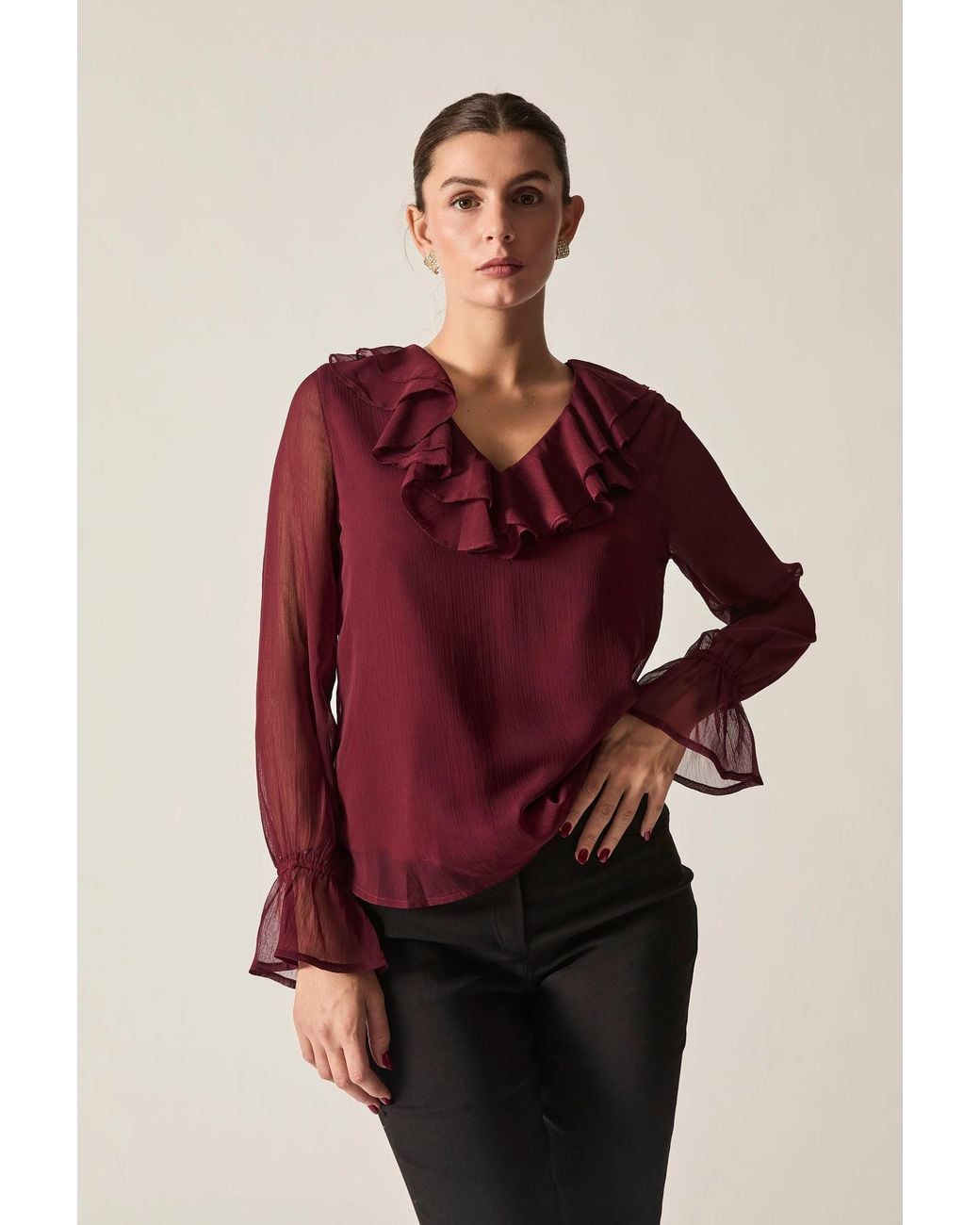 James Lakeland Red Burgundy Sheer-Sleeve Ruffle Blouse