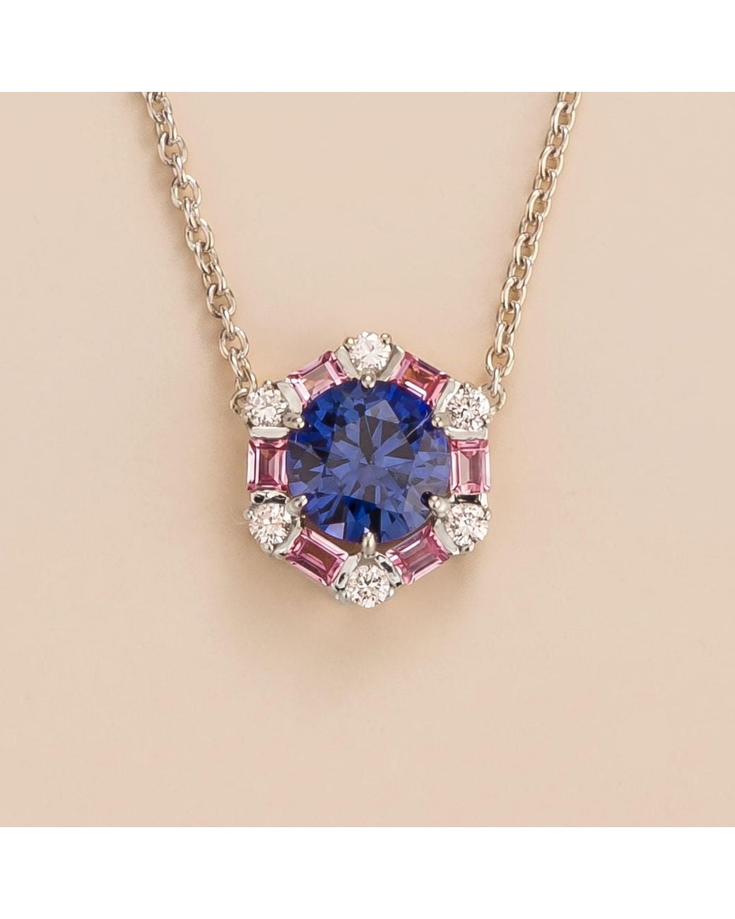 Juvetti Blue Melba Sapphire, Sapphire & Diamond Halo Hexagon Pendant Necklace