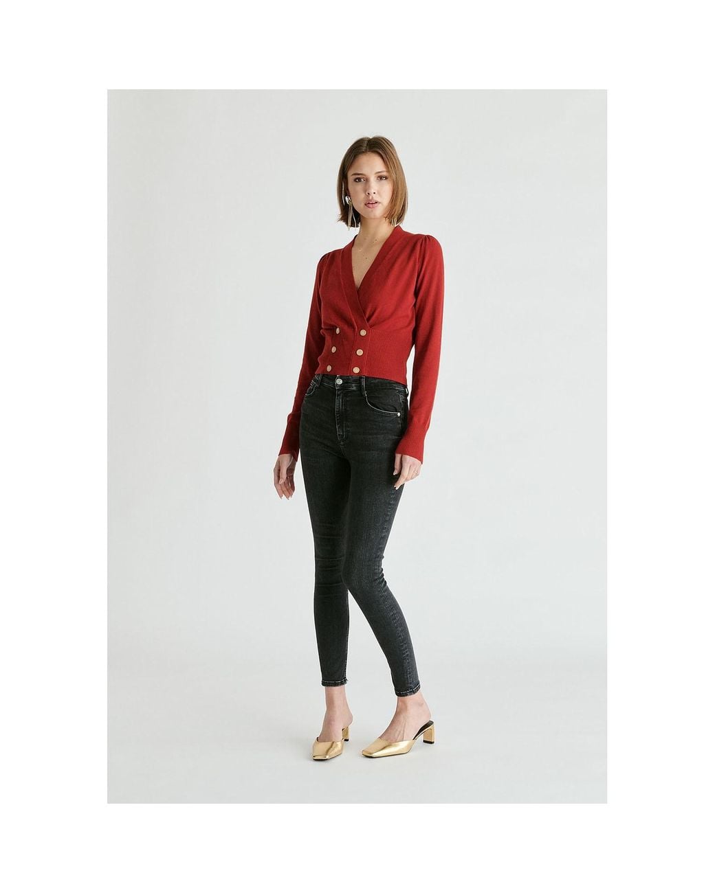 Paisie Red Long Sleeve Knitted Button Wrap Top