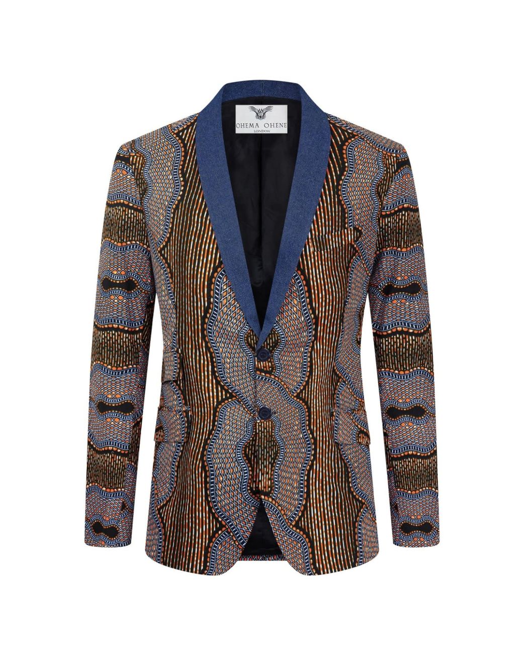 Ohema Ohene Blue Denim Shawl Collar African Print Blazer for men