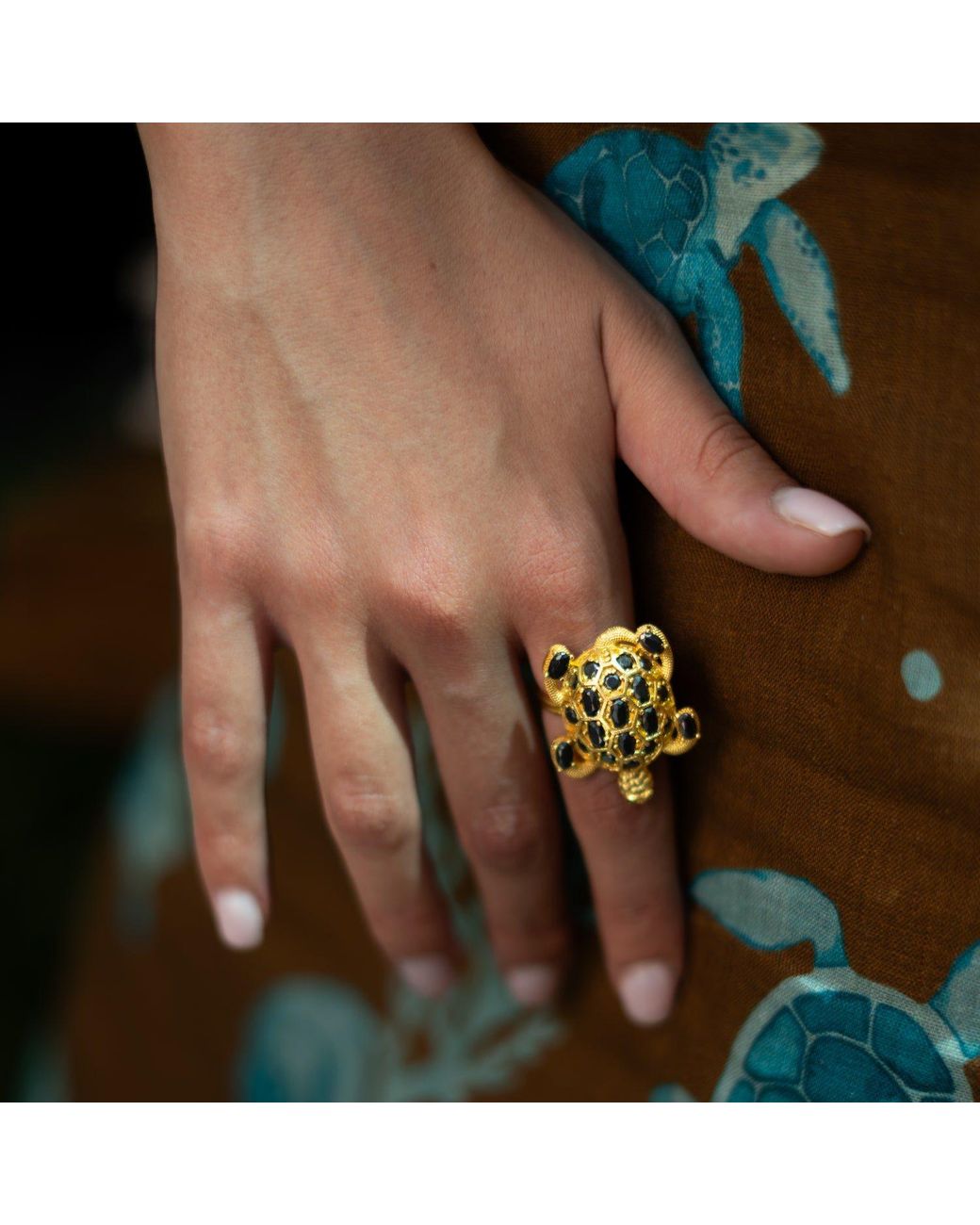 Ebru Jewelry Metallic Protective Turtle Onyx & Chunky Adjustable Ring