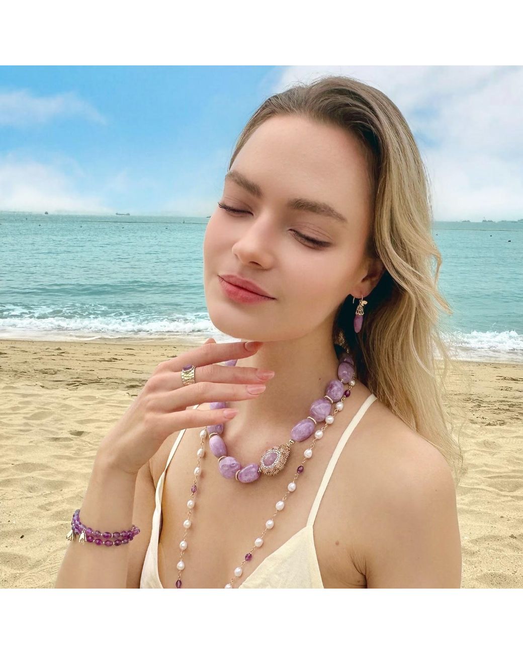 Farra Metallic Bohemian Amethyst Beaded Tassel Earrings