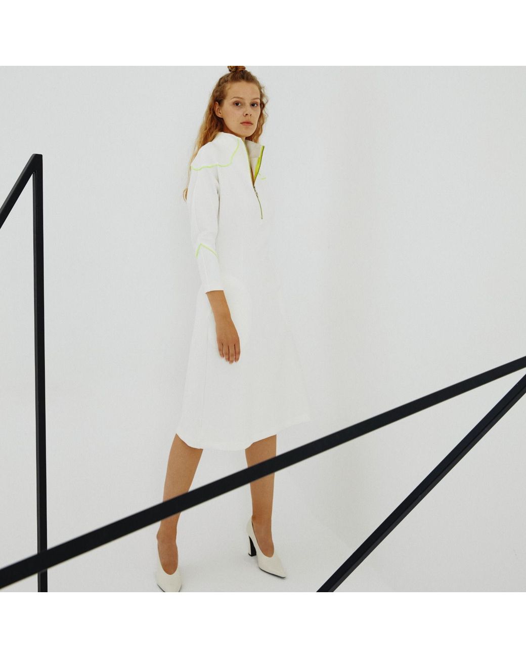 Mirimalist White Angle Midi Dress Ecru