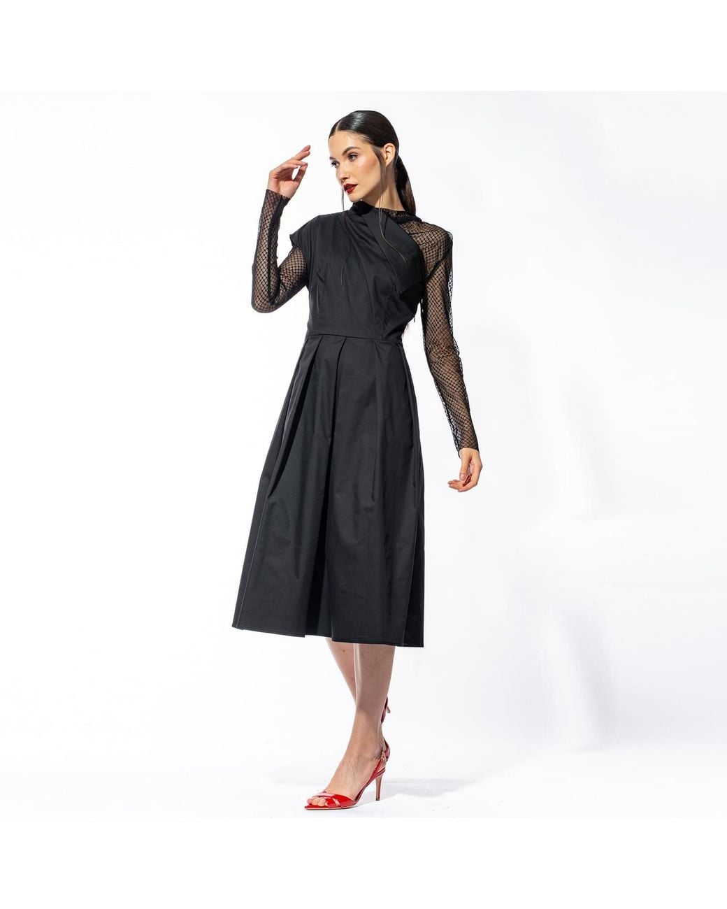 Larisa Dragna Black Audrey Cotton Dress With Tulle Sleeves