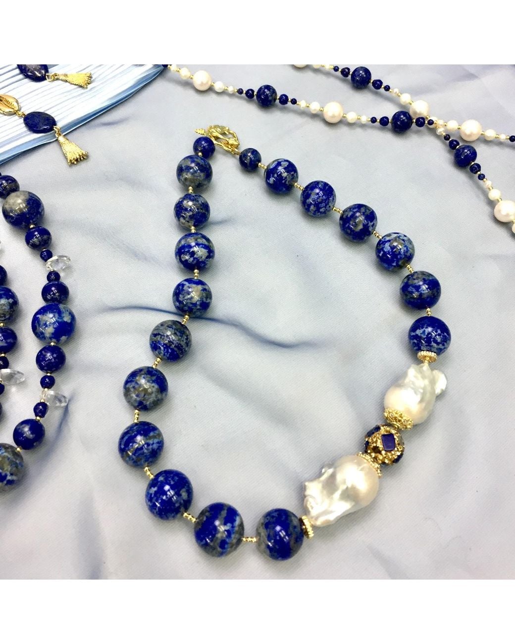 Farra Blue Gorgeous Natural Lapis With Baroque Pearls Necklace