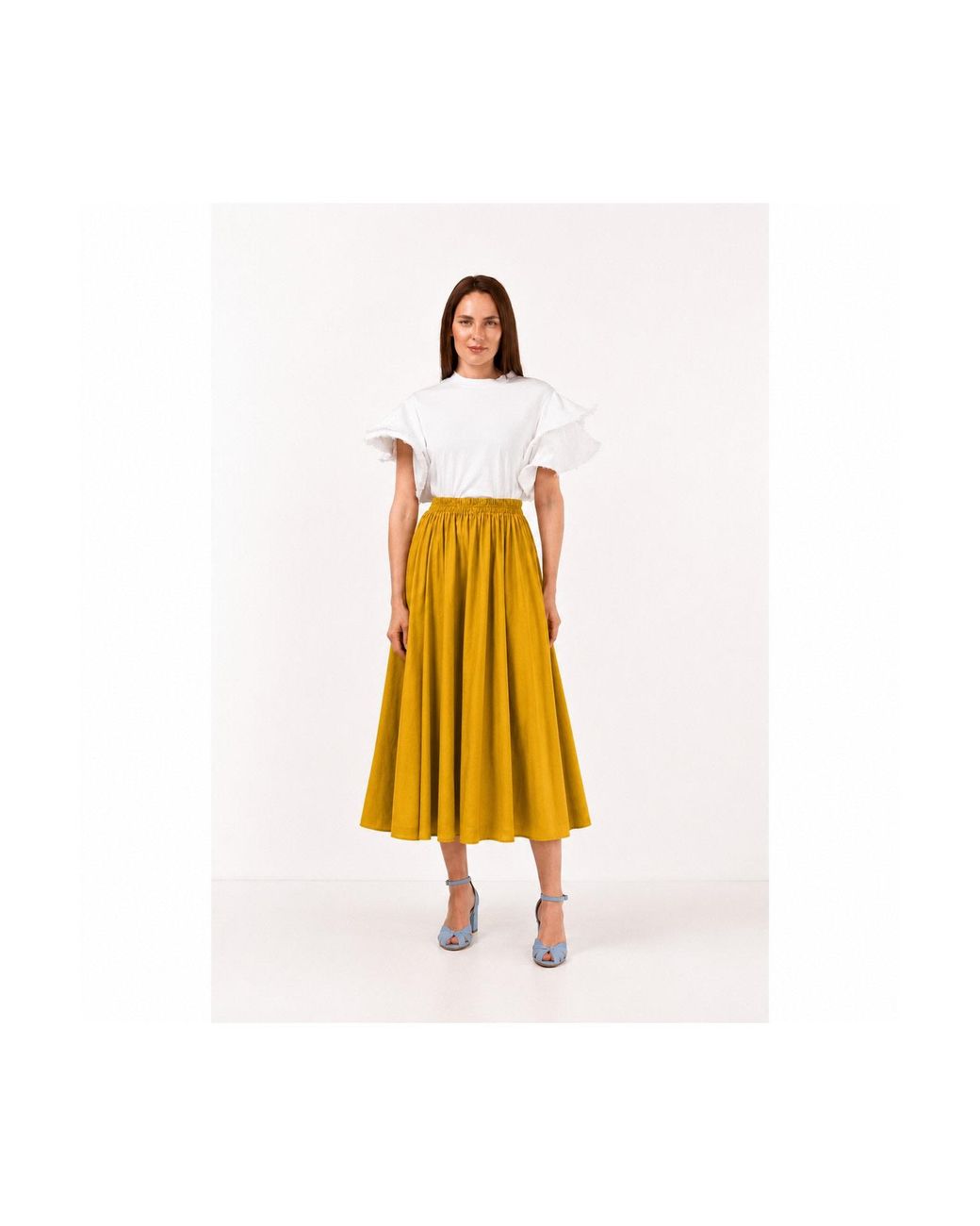 IZABELA MANDOIU Yellow Mustard Gathered Midi Skirt