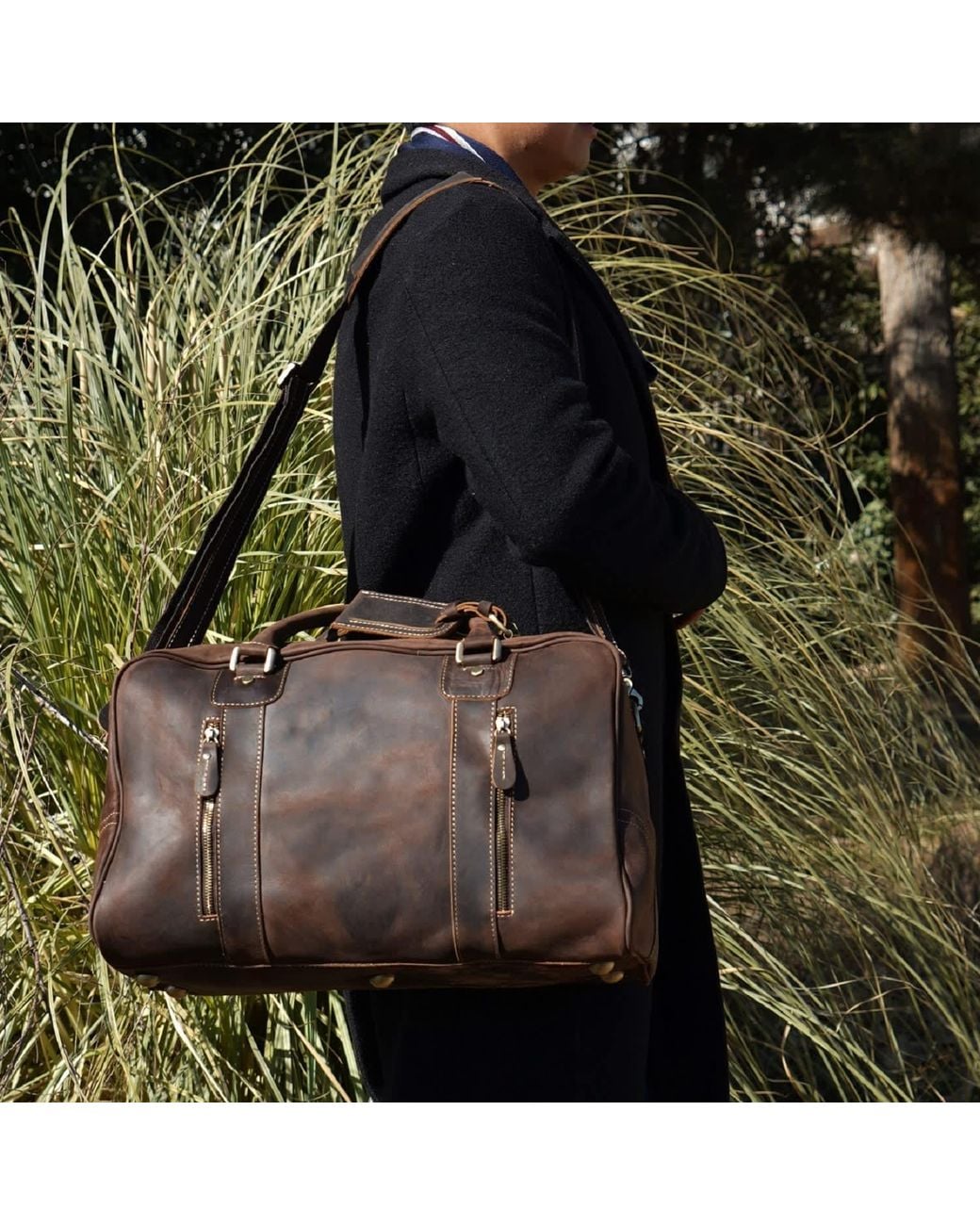 Touri Black Genuine Leather Over Night Weekender Bag