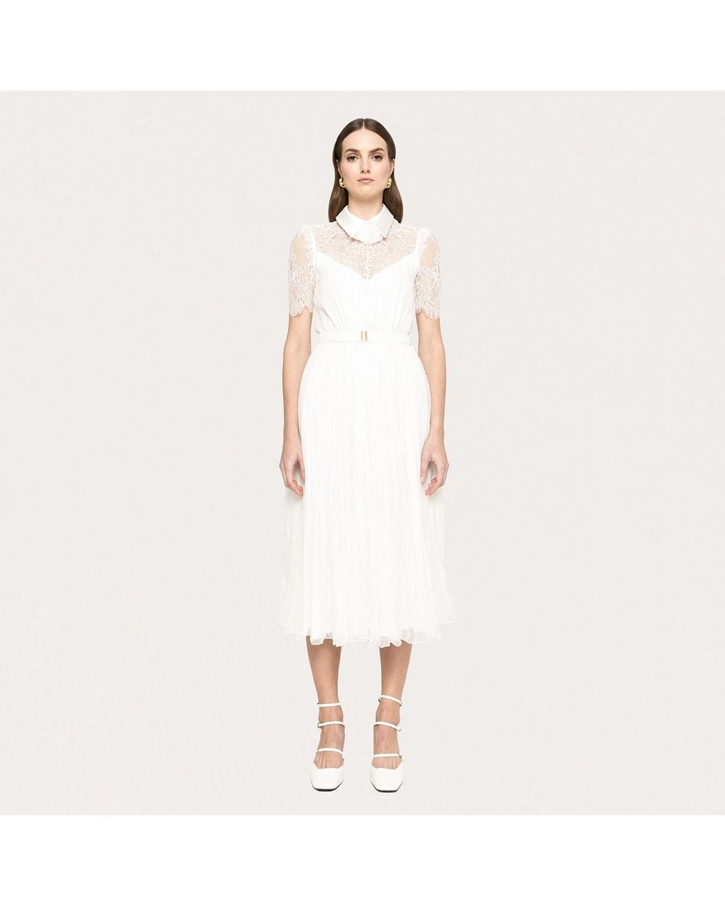 Nissa White Lace-Detail Silk Midi Dress