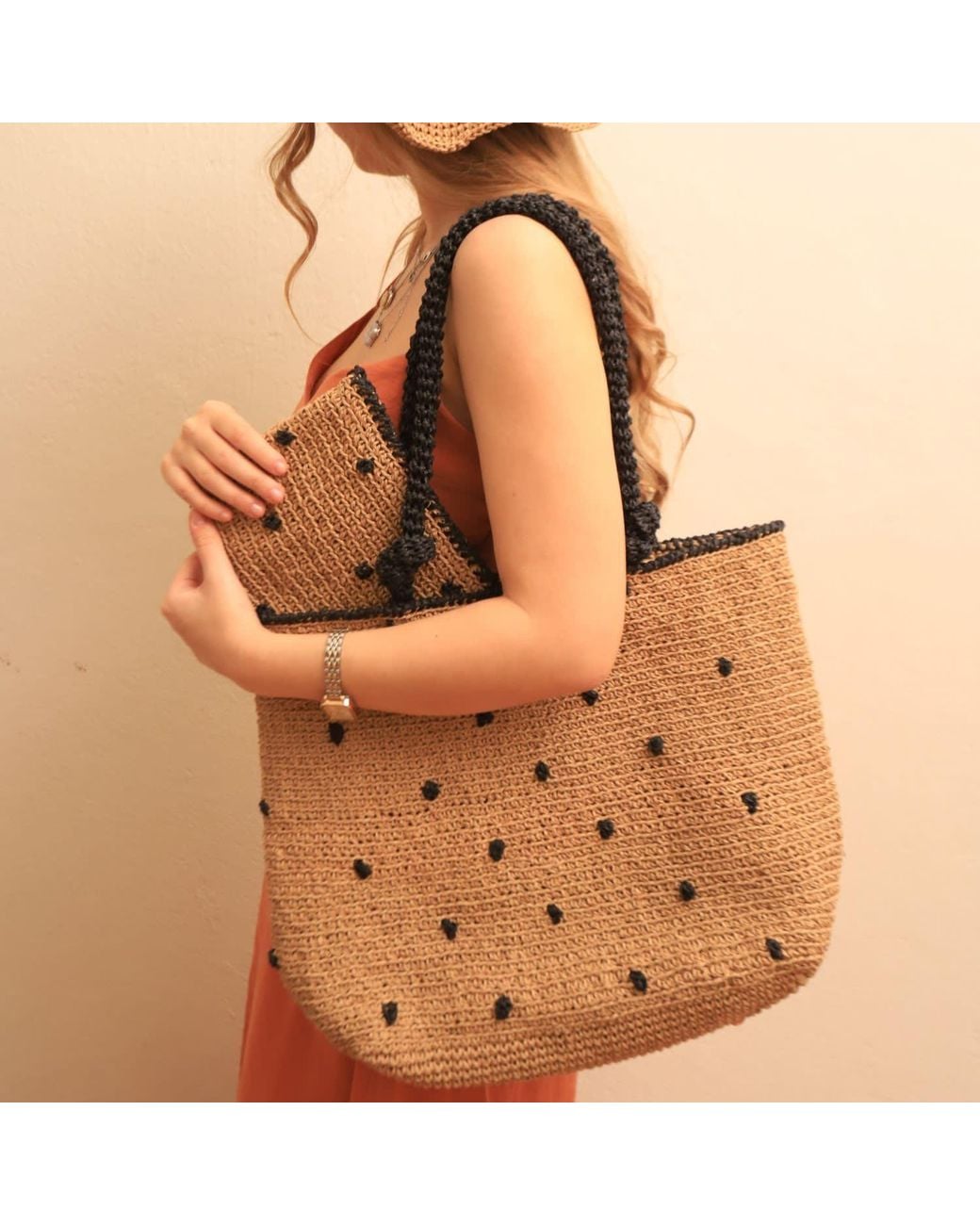 Springmoonatelier Brown Raffia Most Beautiful Polka Dot Beach Bag And Small Clutch Bag
