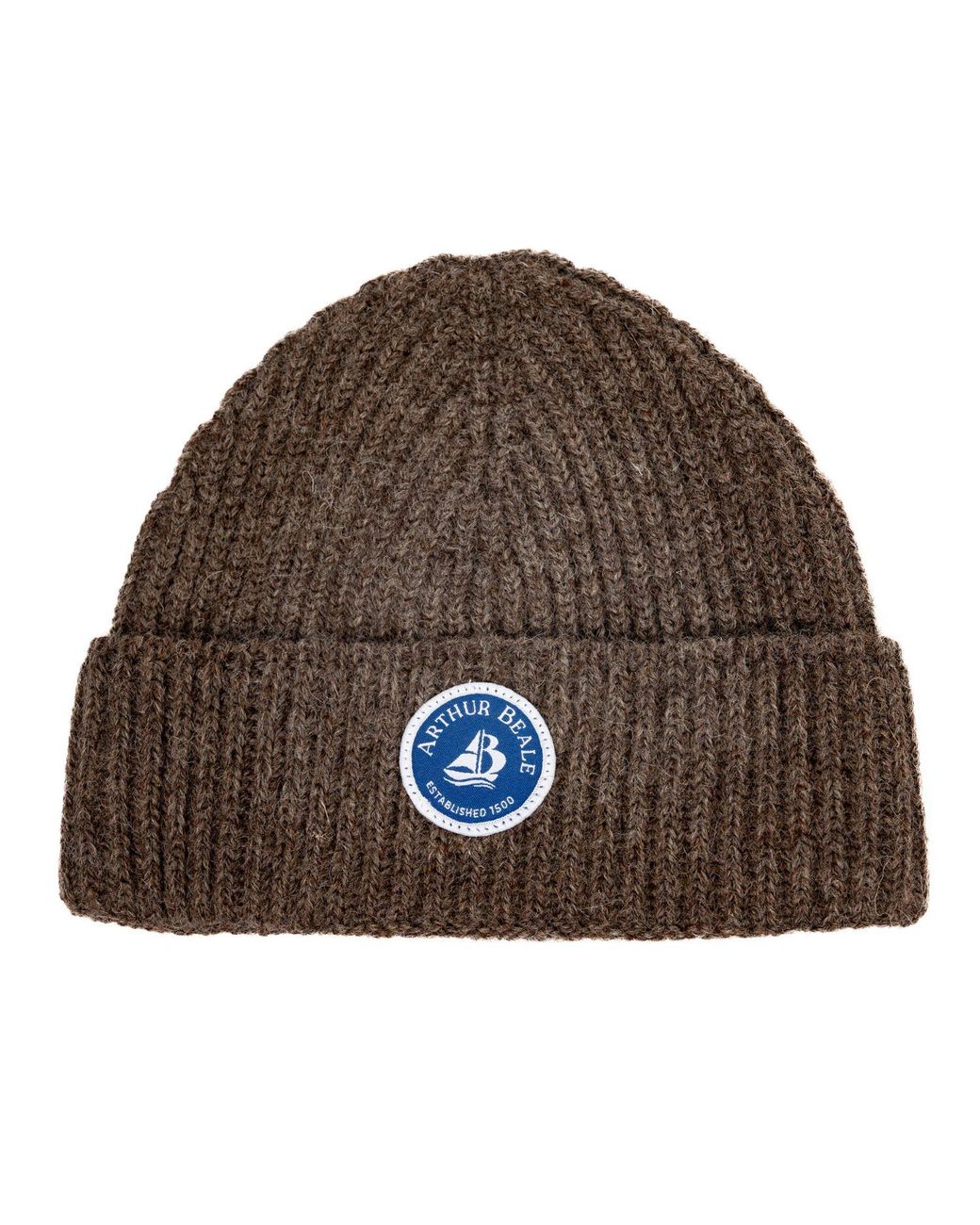 Arthur Beale Brown Neutrals Badge Beanie Hat for men