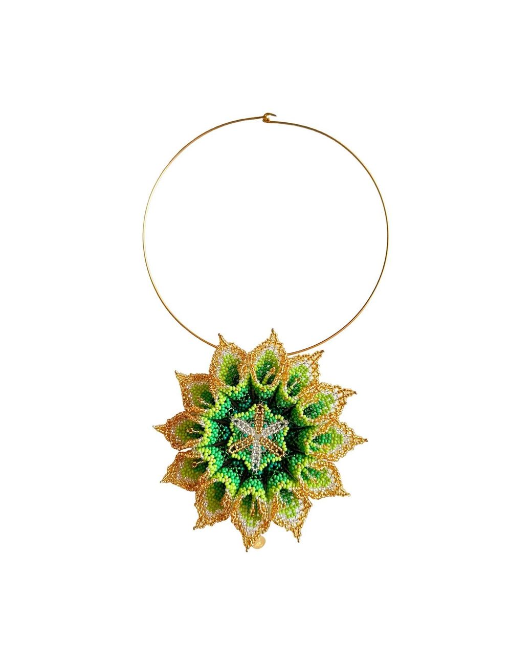Iliana Arrazola Green Dahlia Flower Choker, Glass Beads, Beaded Jewelry