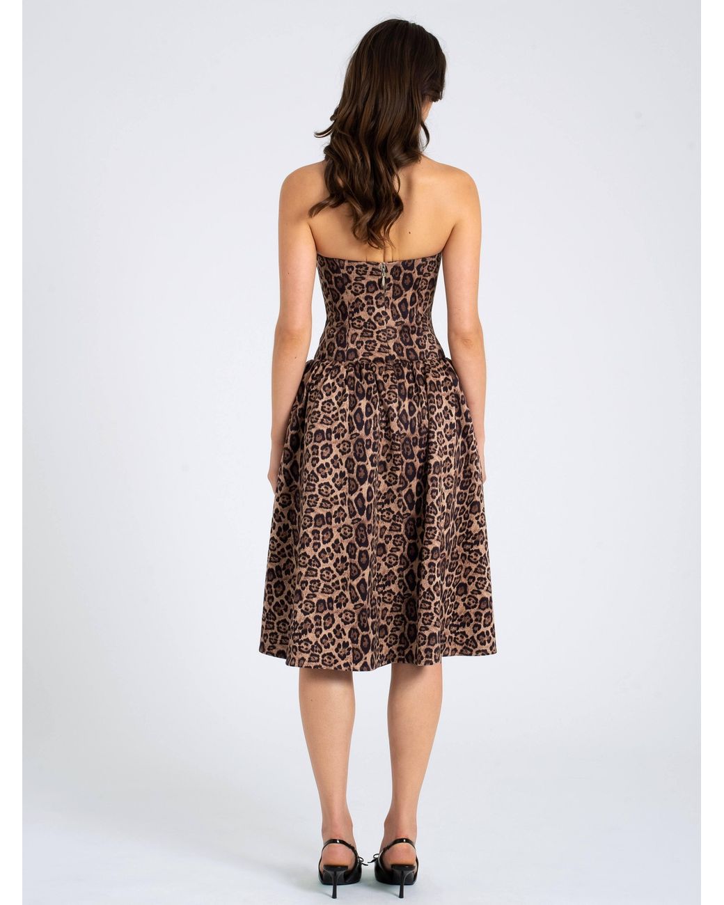 Miss Circle New York Brown Uchenna Cheetah Print Stretchy Strapless Midi Dress With Lace Trim