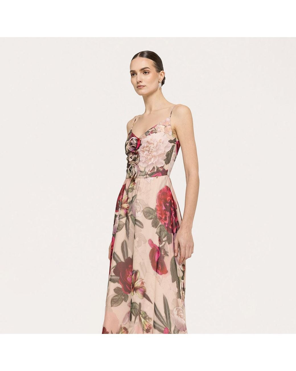 Nissa Pink Floral-Detail Silk Midi Dress