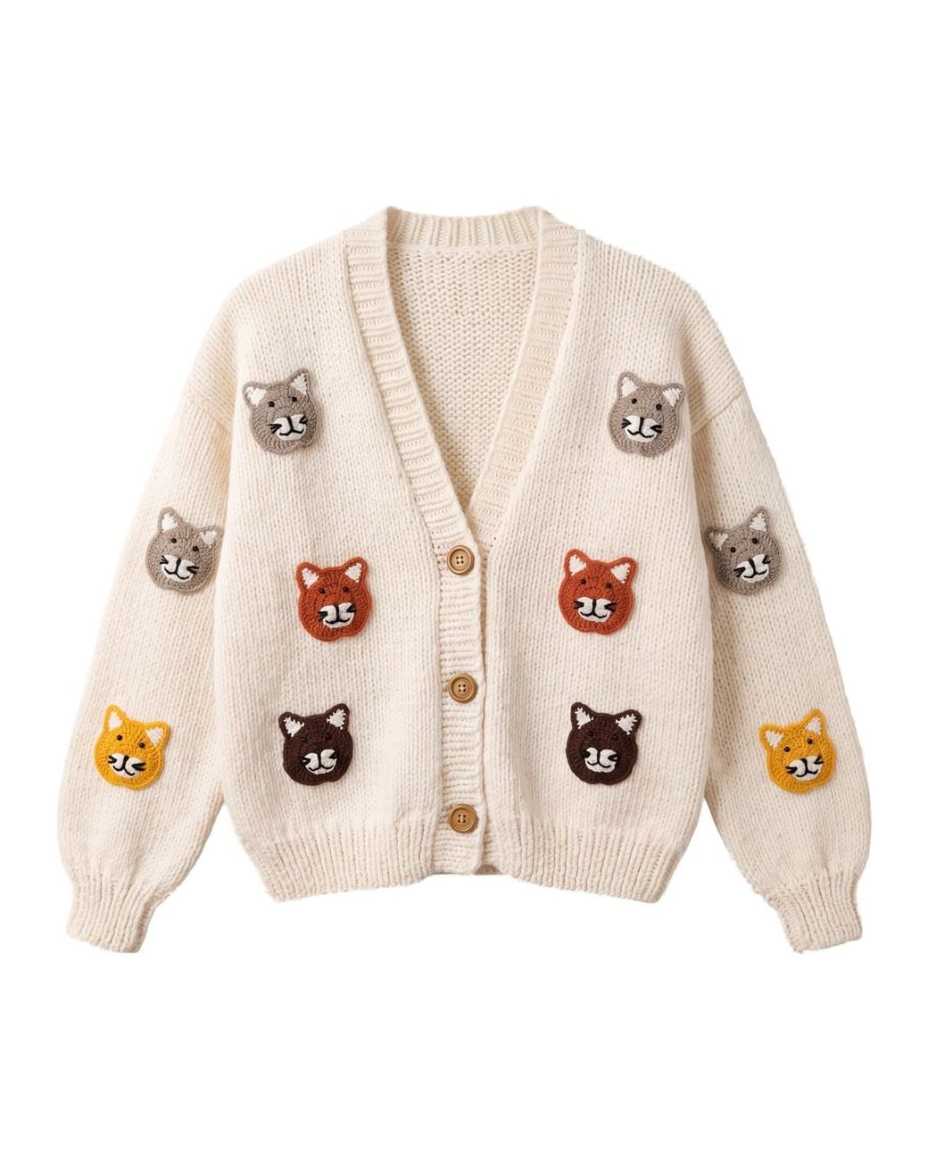 Ana Chic Natural Neutrals Cat Motif Handmade Knitted Cardigan