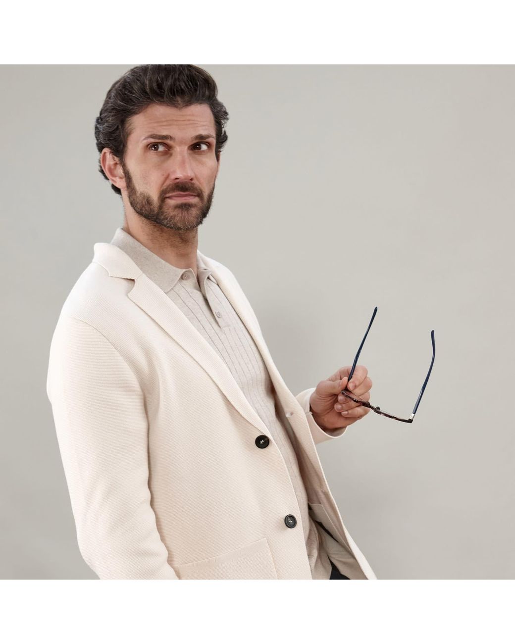 Paul James Knitwear White Neutrals Cotton Deconstructed Knitted Gabriel Blazer for men