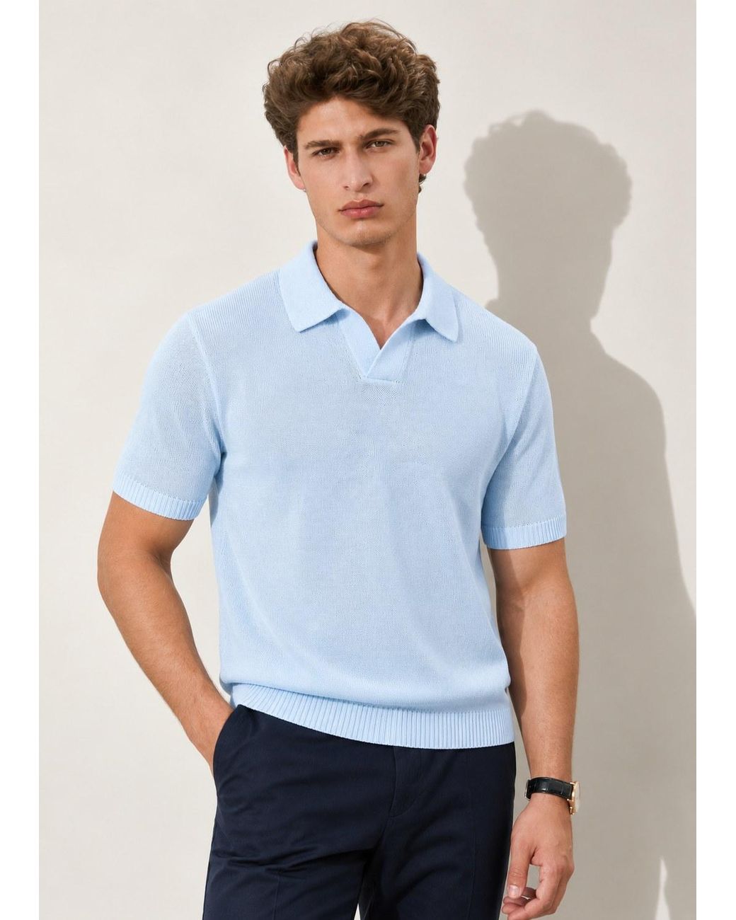 Vayla Blue Fine-Knit Relaxed Fit Open Collar Polo Shirt for men