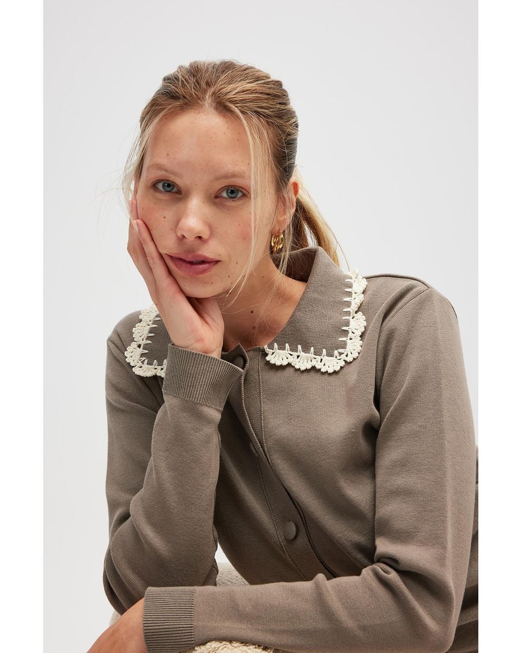 Peraluna Natural Laila Flat Knit Polo-Neck Cardigan