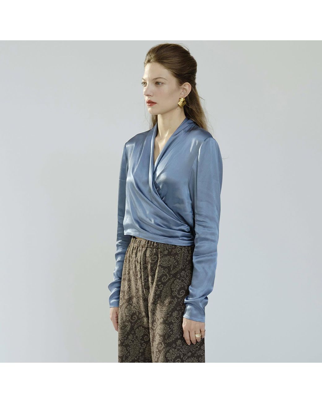 Belsize25 Blue Dusty Satin Draped Wrap Blouse