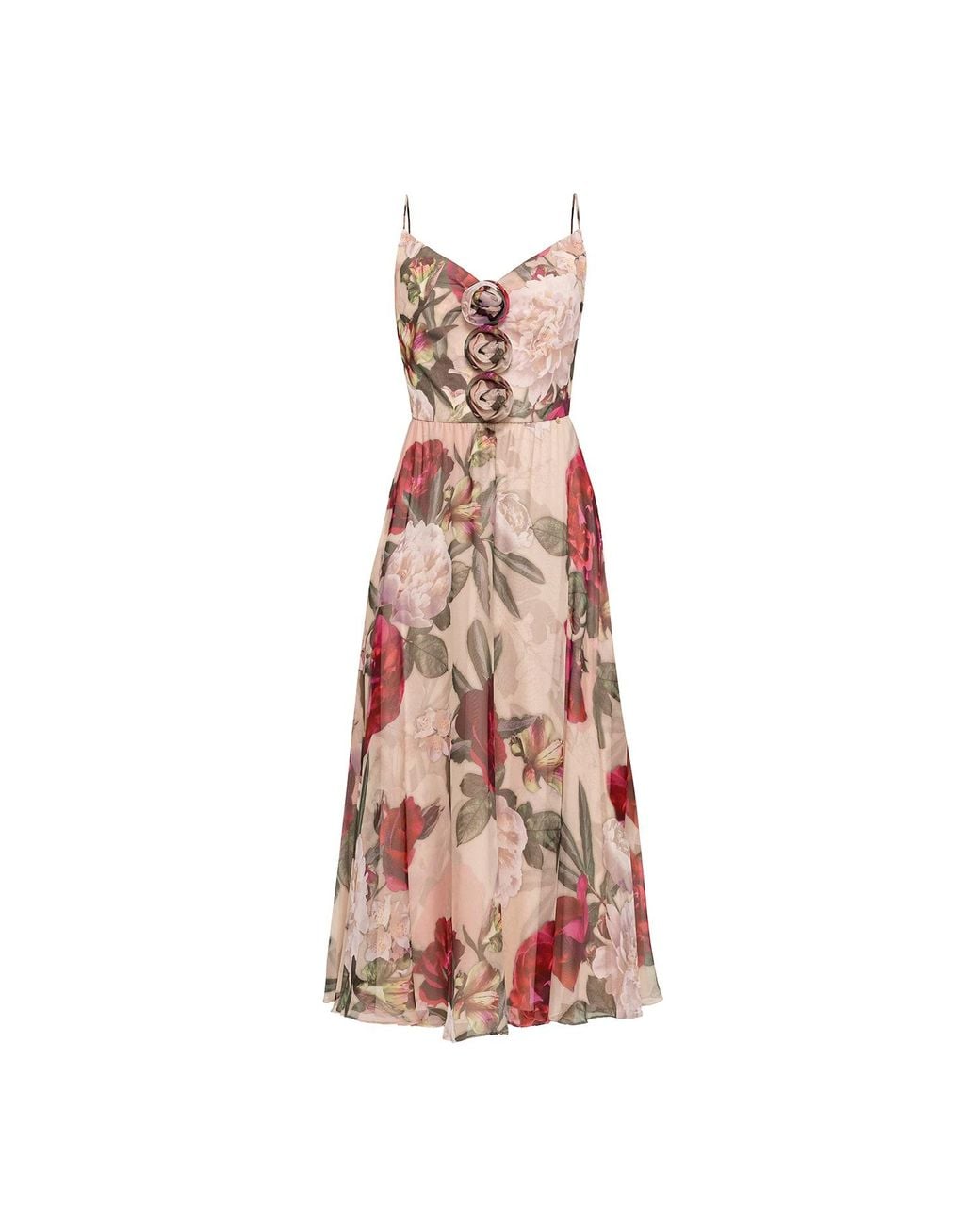 Nissa Pink Floral-Detail Silk Midi Dress