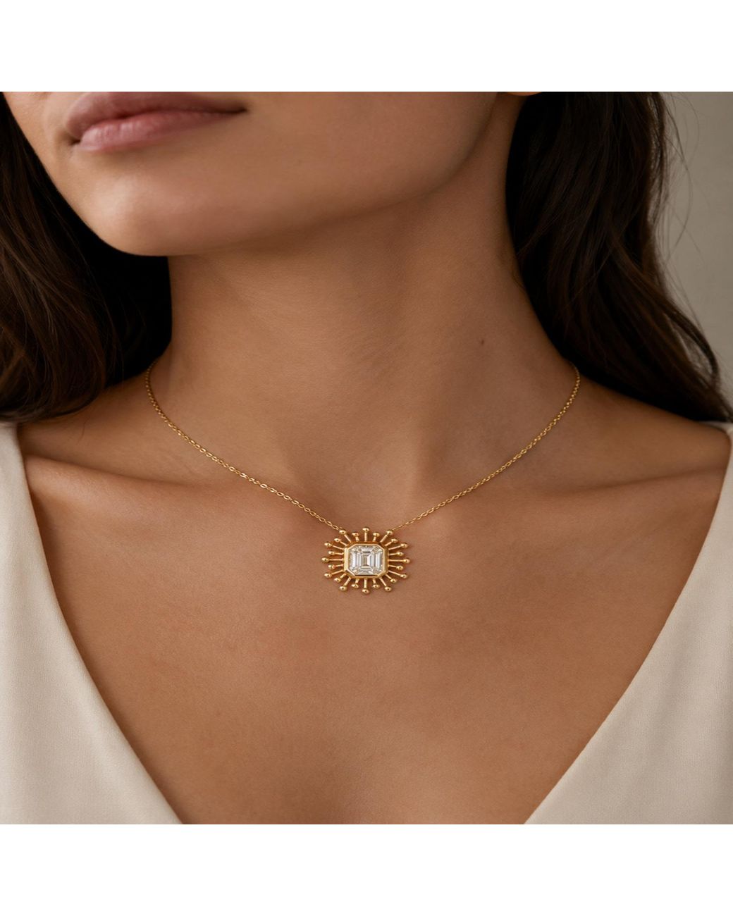 Artisan Metallic 14K Emerald-Cut Diamond Sunburst Pendant Necklace