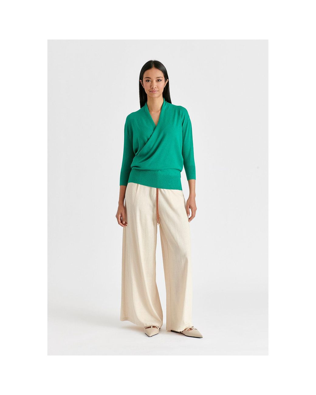 Paisie Green Cropped Sleeve Knit Wrap Top