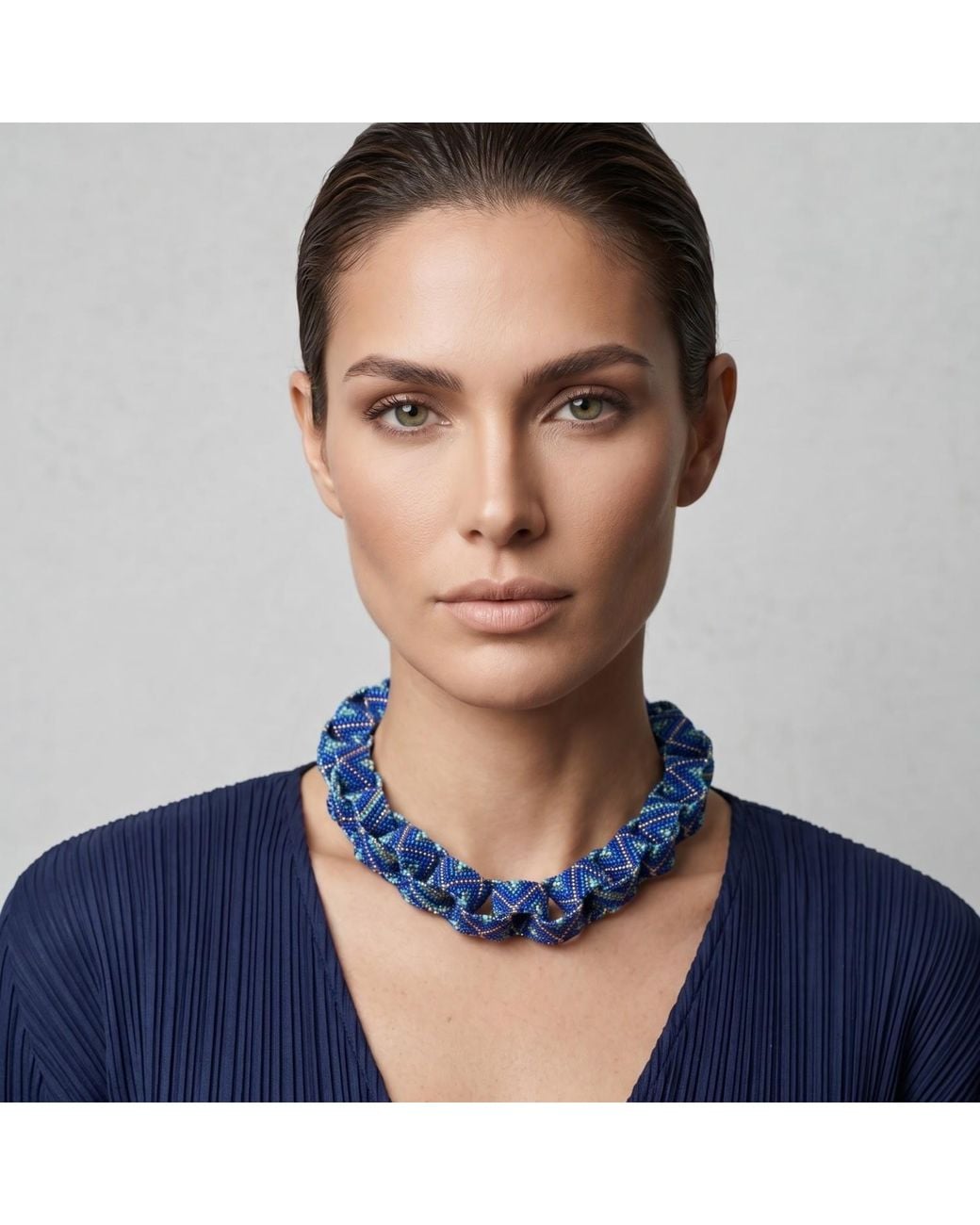 Iliana Arrazola Blue Bold Chunky Link Necklace, Glass Beads, Beaded Jewelry