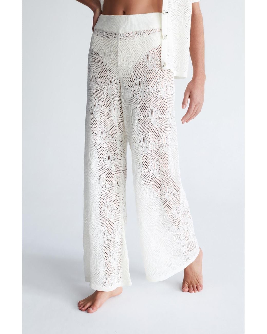 Peraluna White Emma Lace Knit Flared Trouser