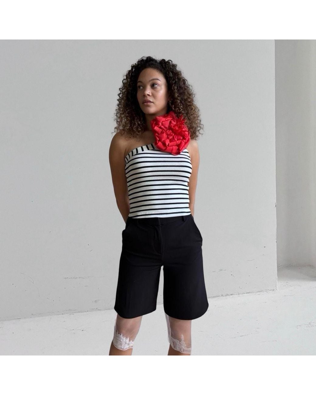 London Atelier Byproduct Red Striped One Shoulder Top With Flower Pin