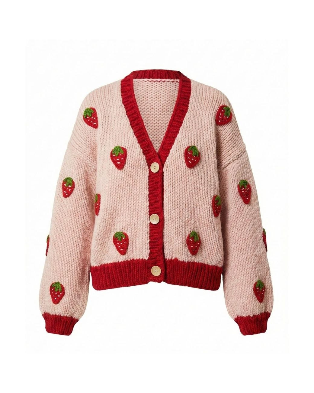 Ana Chic Red Trim Strawberry Handmade Knitted Cardigan
