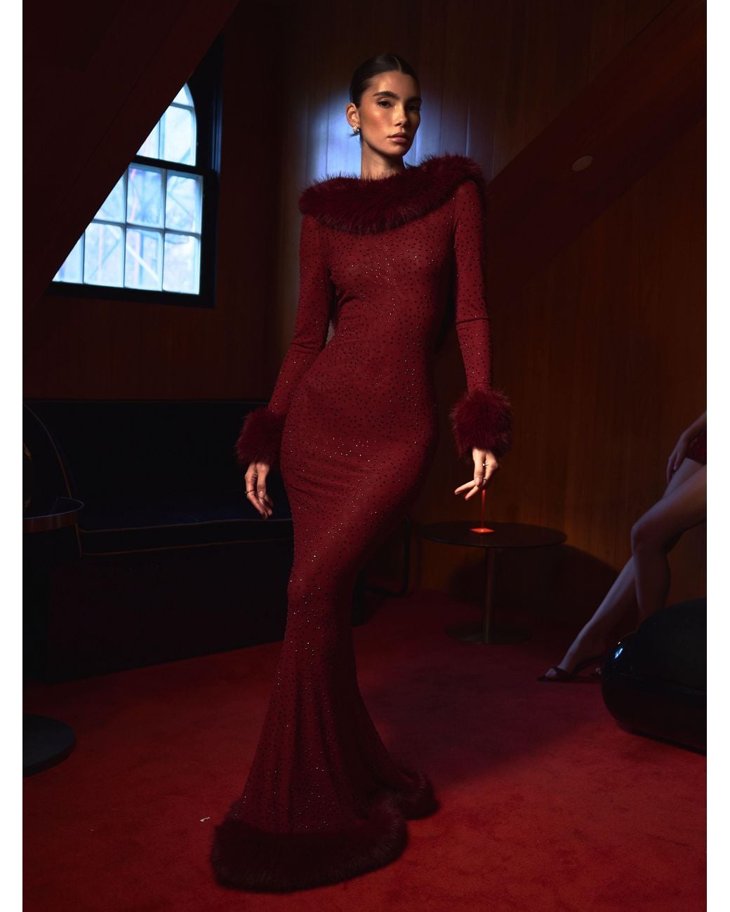 Miss Circle New York Purple Mellie Burgundy Regular-Length Rhinestone Mesh Low Back Mermaid Gown