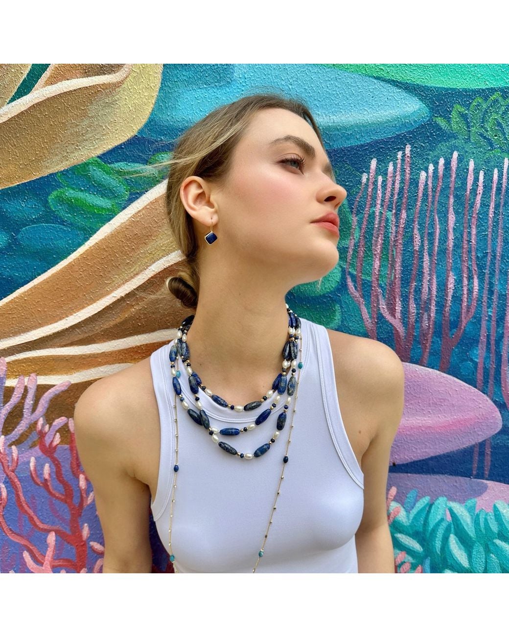 Farra Blue Lapis With Freshwater Pearls Multi-Layers Necklace