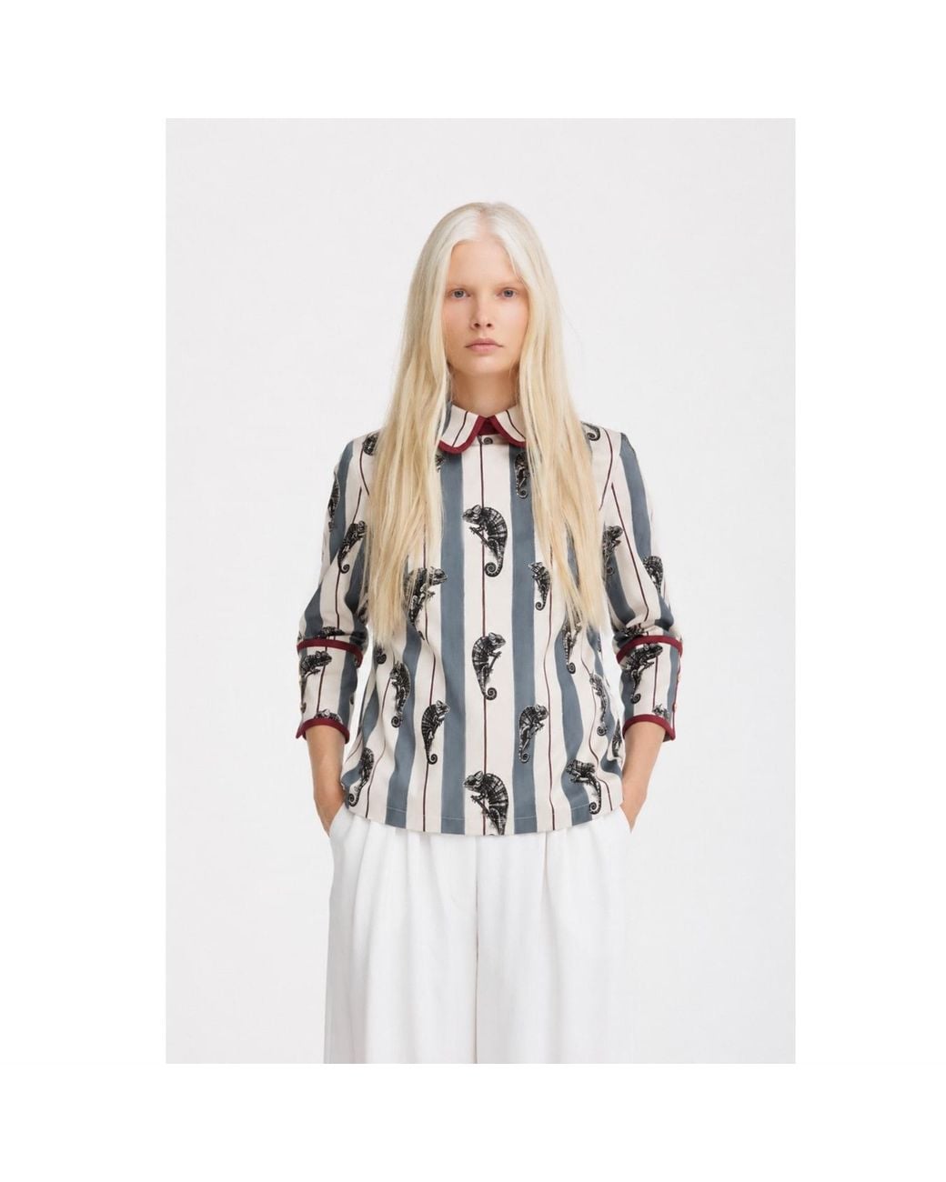 Julia Allert Blue Neutrals Striped Chameleon Blouse With Cuffs