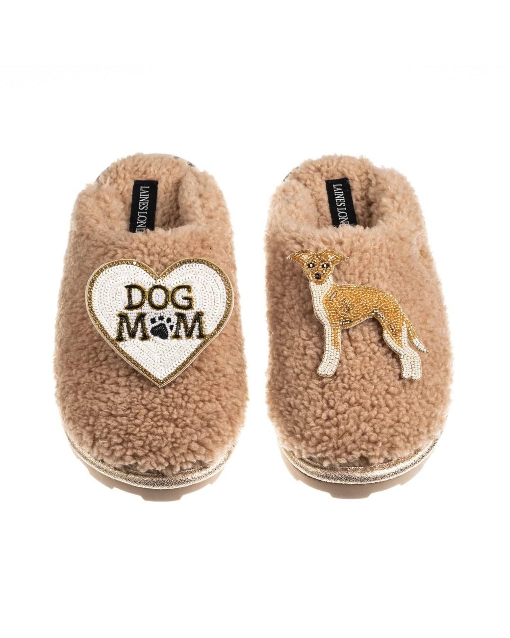Laines London Natural Neutrals Teddy Closed Toe Slippers With Dog Mum/Mom & Fawn & Greyhound Brooches
