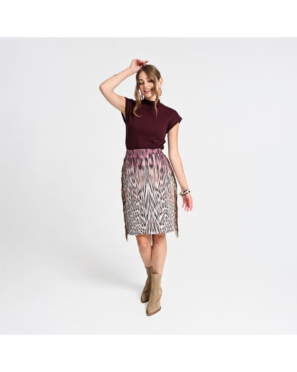 Lalipop Design Purple Pencil Skirt With Animal Print And Fringe Details