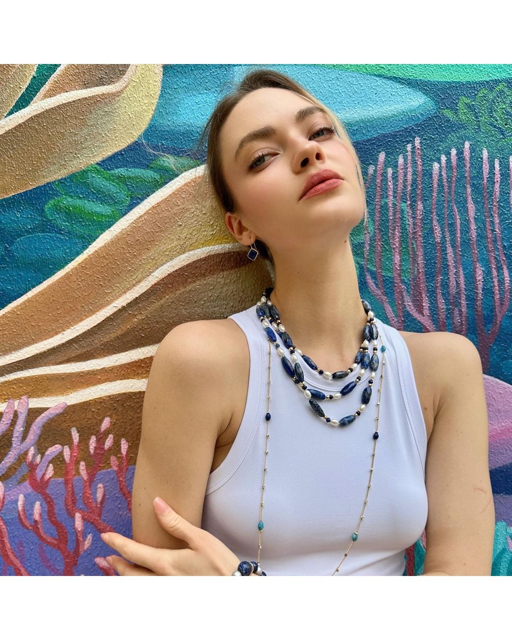 Farra Blue Lapis With Freshwater Pearls Multi-Layers Necklace