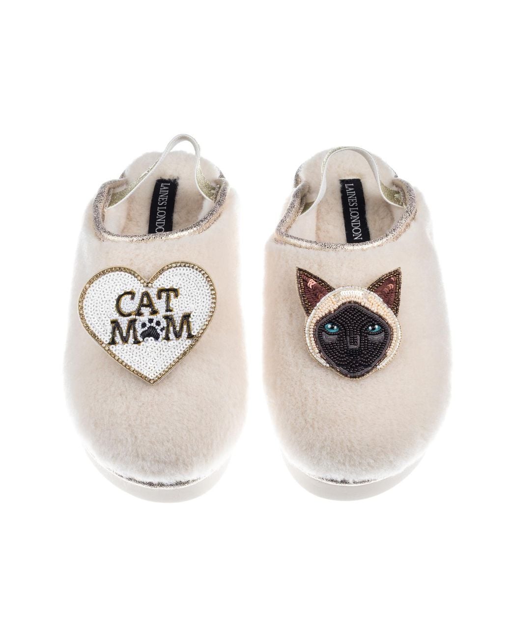 Laines London Metallic Neutrals Flatform Cloud Slippers With Siamese Cat & Cat Mum Mom Brooches