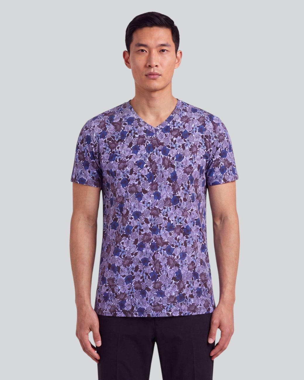 Lords of Harlech Blue Maze Ternberg Floral Brownie Stretch Cotton V-Neck Tee for men