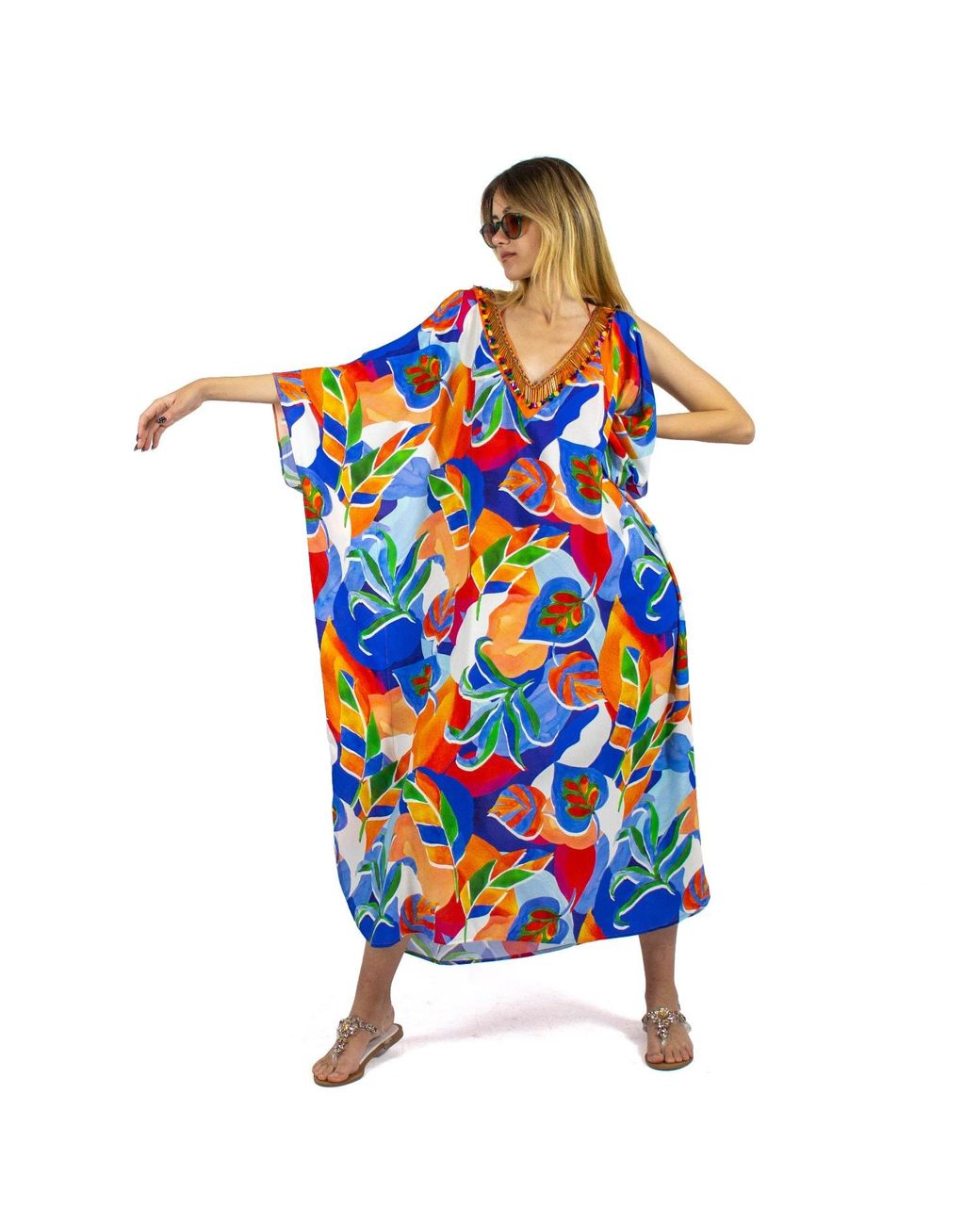 Lalipop Design Blue Colorful Leaf Print Open Shoulder Viscose Kaftan