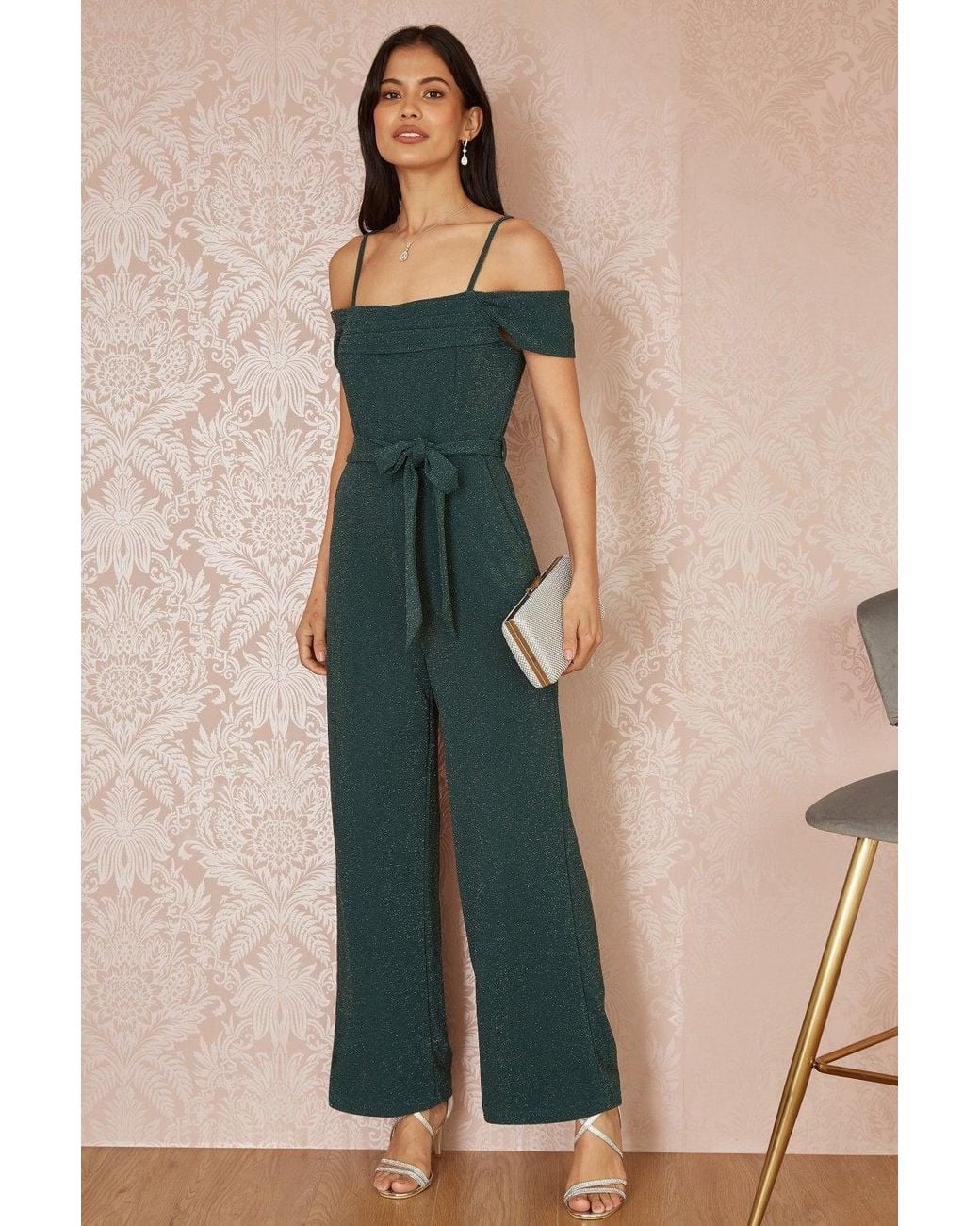 Yumi' Green Sparkle Stretch Bardot Jumpsuit