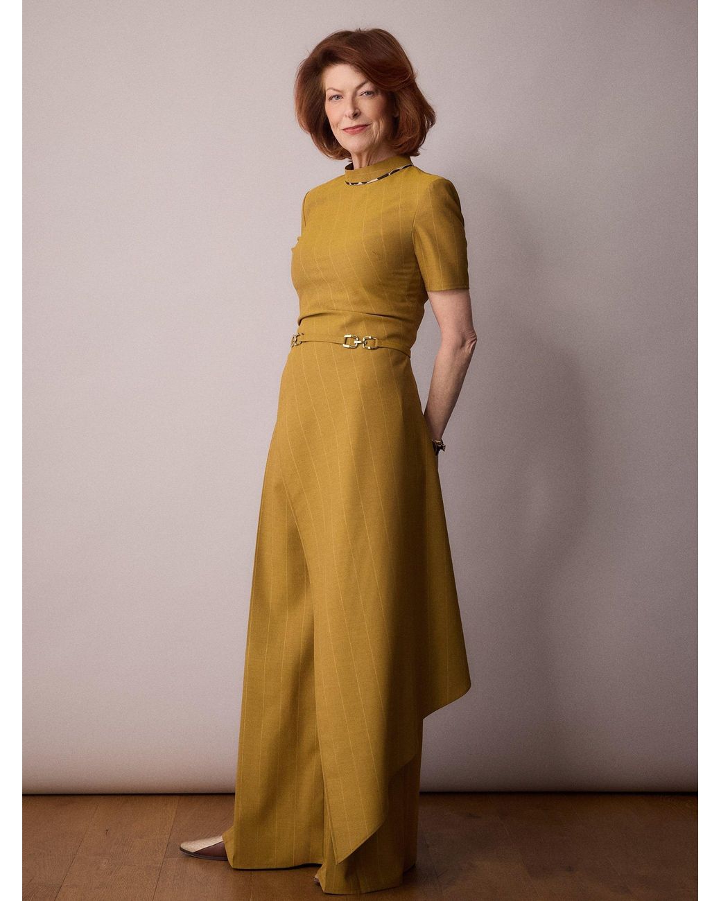 Amanda Thompson Couture Metallic Tilda Asymmetric Top/ Mustard Pinstripe