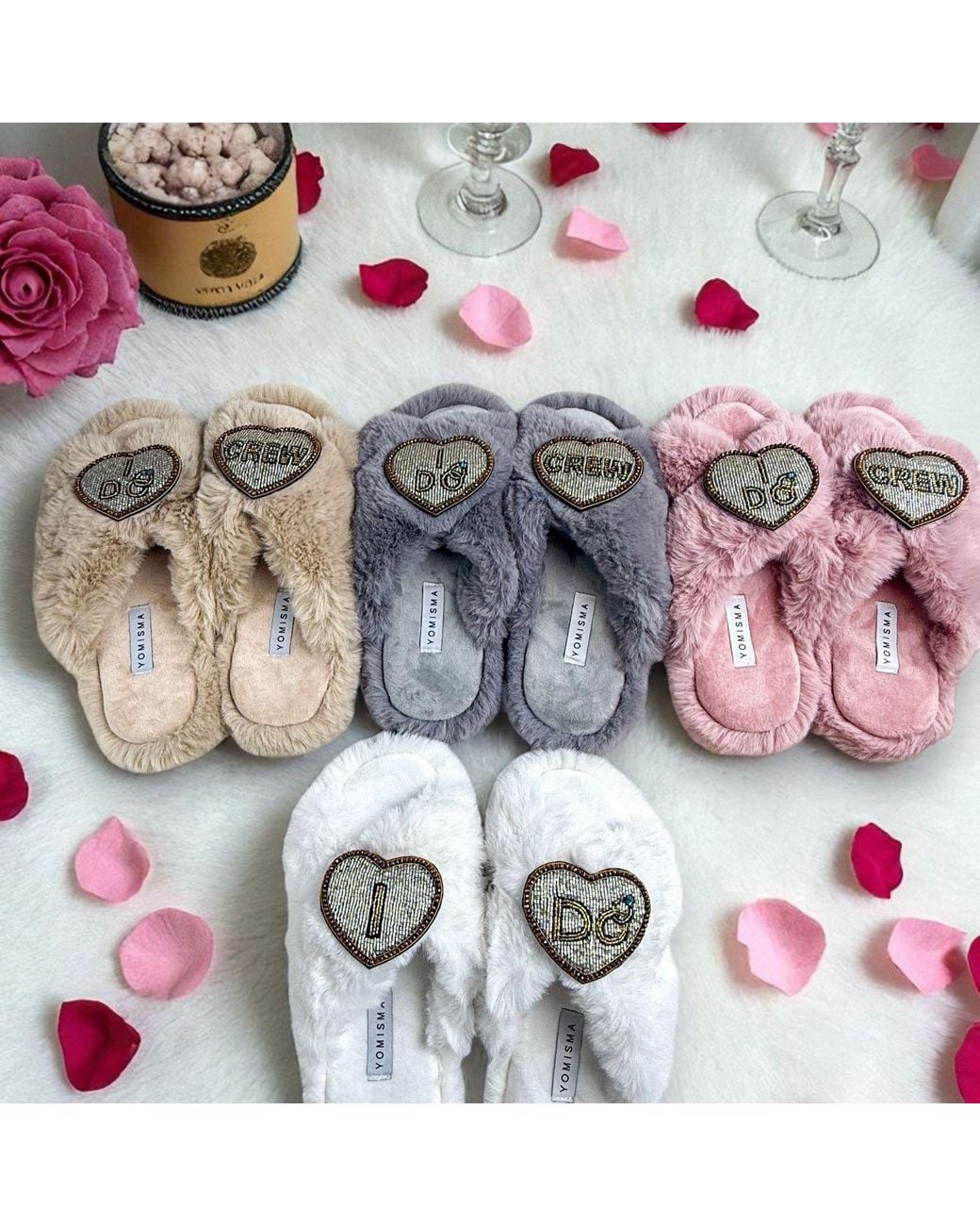 Yomisma Gray Neutrals Eco Faux Fur Slippers – Recycled Faux Fur + I Do Wedding Removable Hand Beaded Brooches