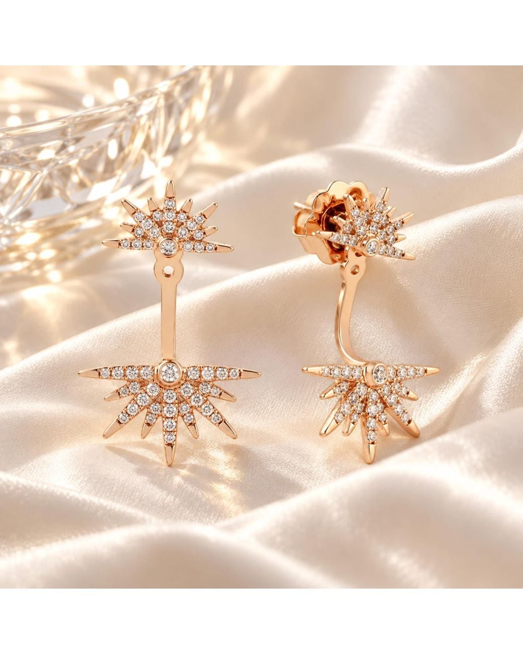 Artisan Metallic Rose 14K Rose Diamond Double Sunburst Ear Jacket Earrings